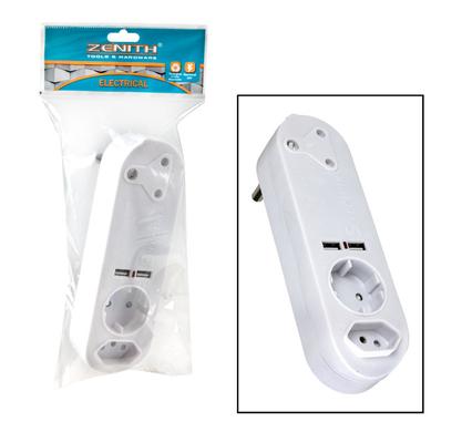 Plug-adaptor 1x16amp 2x5amp 2xusb zenith