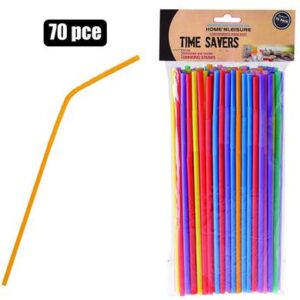 Straws plastic flexible 33cm asstd 70pc